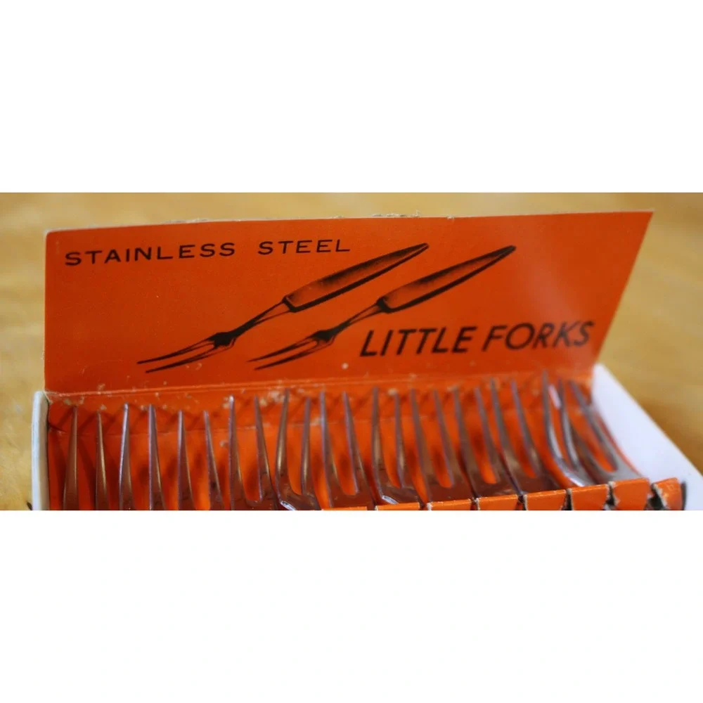 12 Little Cocktail Forks Mini Stainless Steel MCM Gold Embellished Handles